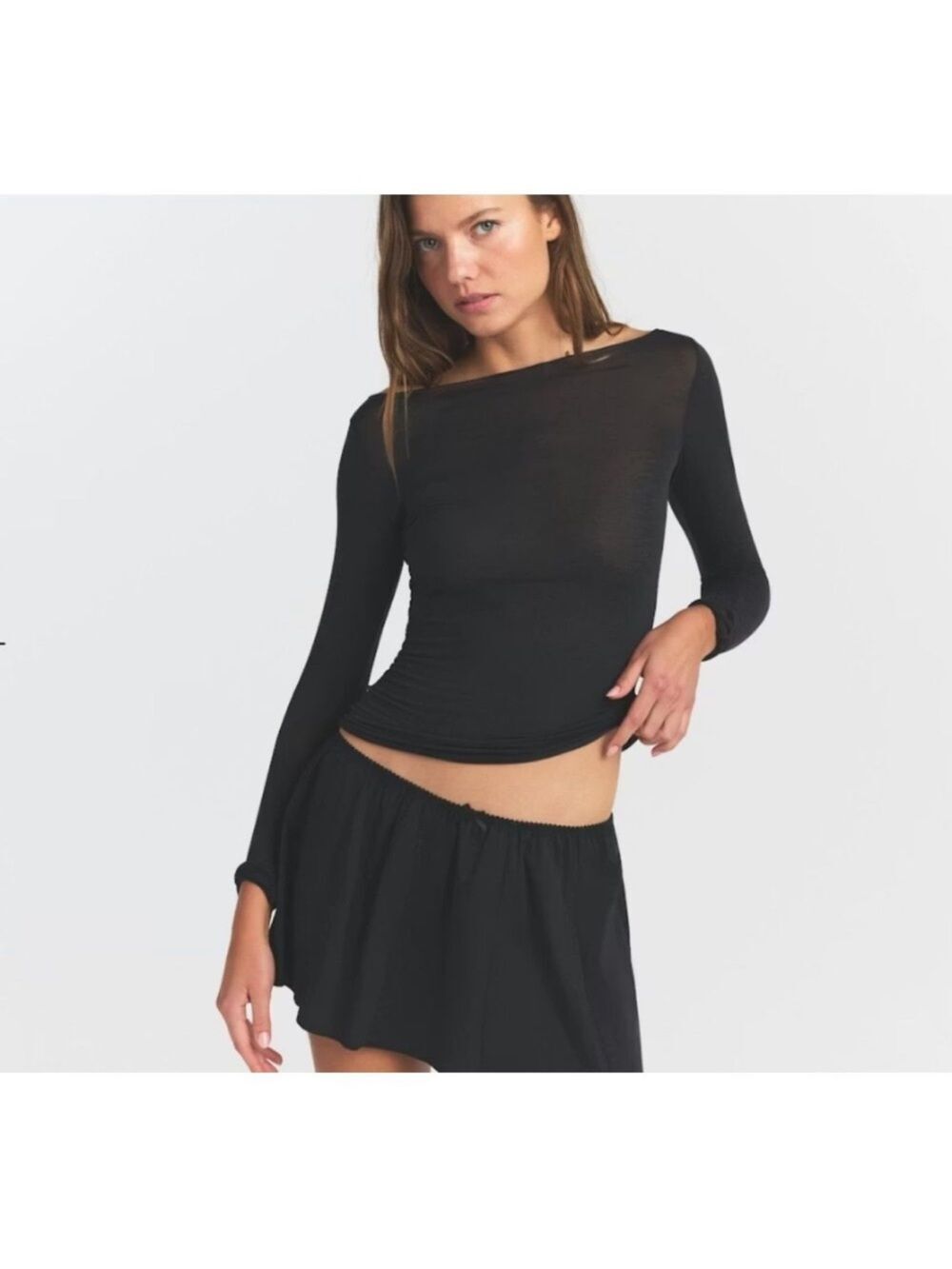 Skims Long Sleeve Sheer Modal Boat Neck T-Shirt Size 2X Onyx Black